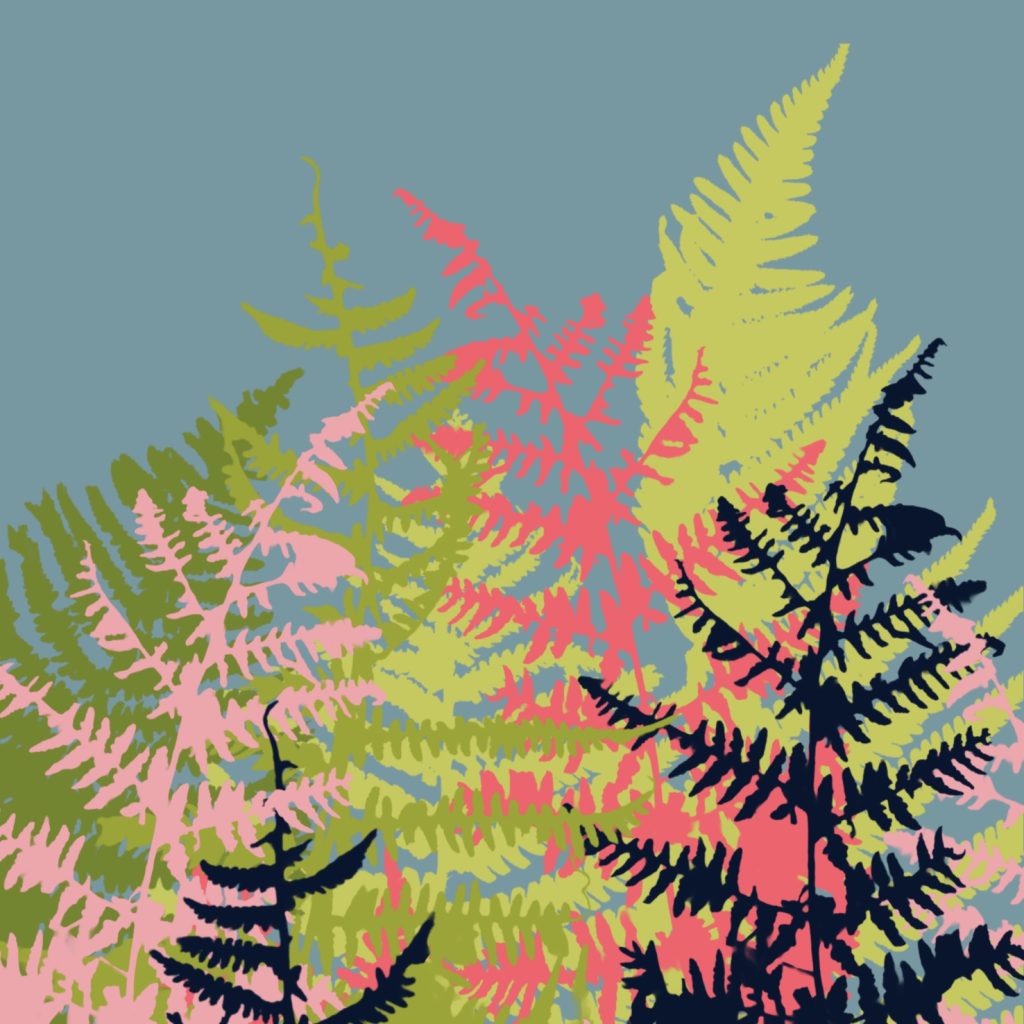 Overlapping fronds unfurl in rich greens, pinks and inky blues on a soft blue-grey ground