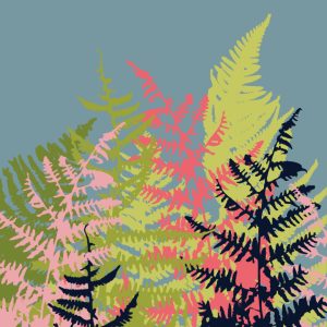 Overlapping fronds unfurl in rich greens, pinks and inky blues on a soft blue-grey ground