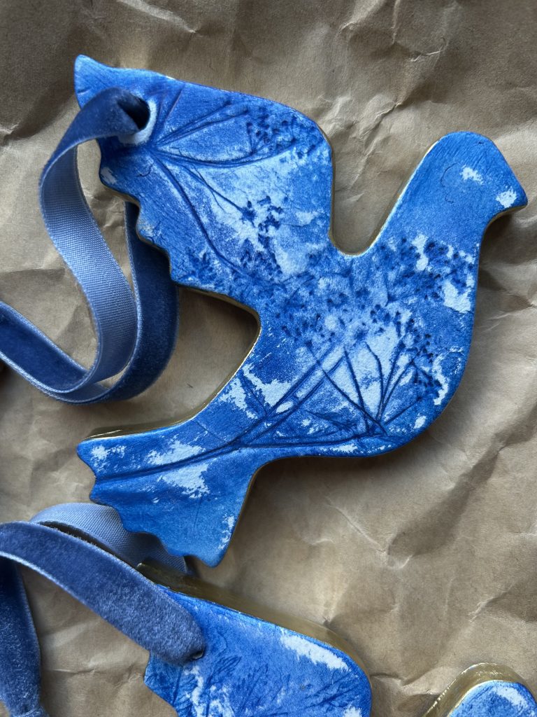 Blue air dry clay dove with cow parsley imprint Christmas decoration